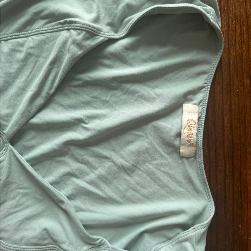 Light Aqua Scoop Neck Top with Gold Script Label